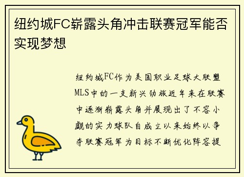 纽约城FC崭露头角冲击联赛冠军能否实现梦想