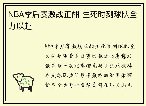 NBA季后赛激战正酣 生死时刻球队全力以赴