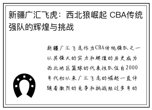 新疆广汇飞虎：西北狼崛起 CBA传统强队的辉煌与挑战
